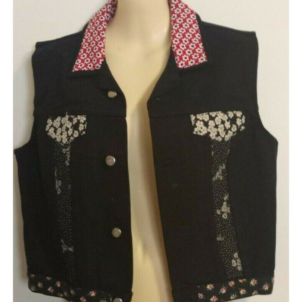 VTG Watch L.A. Black Denim Vest L Custom Embellished Collage Tapestry Western